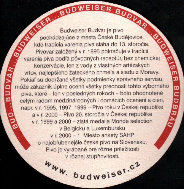 Original Budweiser Budvar Czech Premium Lager BUDWEISER FIRMA JURIŠTA MILAN (PTEX-K-ab)