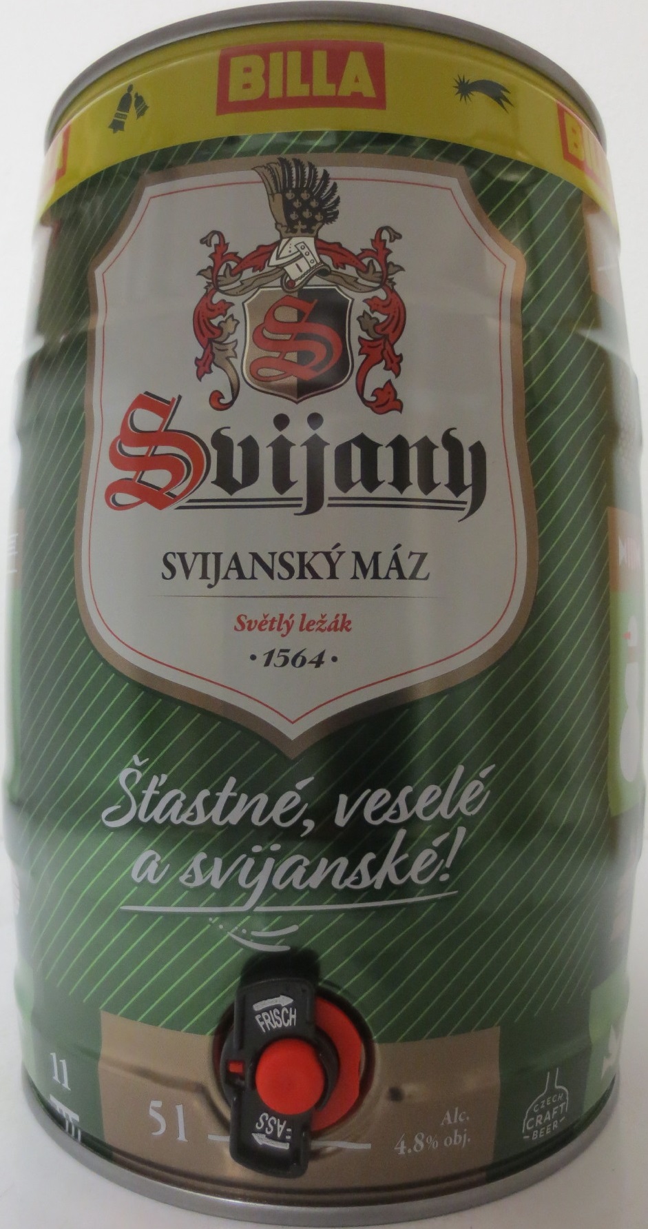 Svijany SVIJANSKÝ MÁZ - Světlý ležák .1564. Šťastné, veselé a Svijanské! - BILLA (5L) č.1