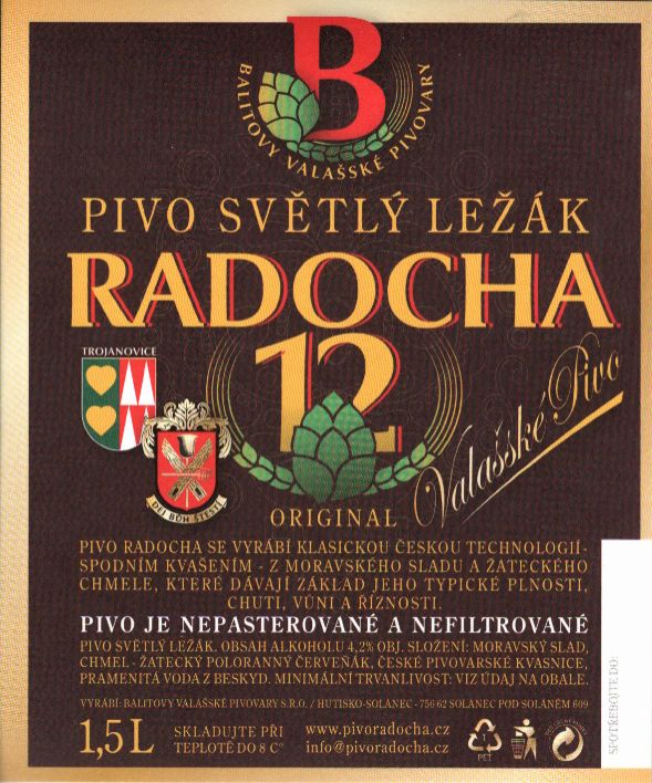 12 RADOCHA PIVO SVĚTLÝ LEŽÁK (1,5L) (Hutisko-Solanec) (S)