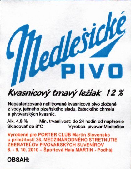 Medlešické PIVO Kvasnicový tmavý ležiak (modrý) (Medlešice) (S)