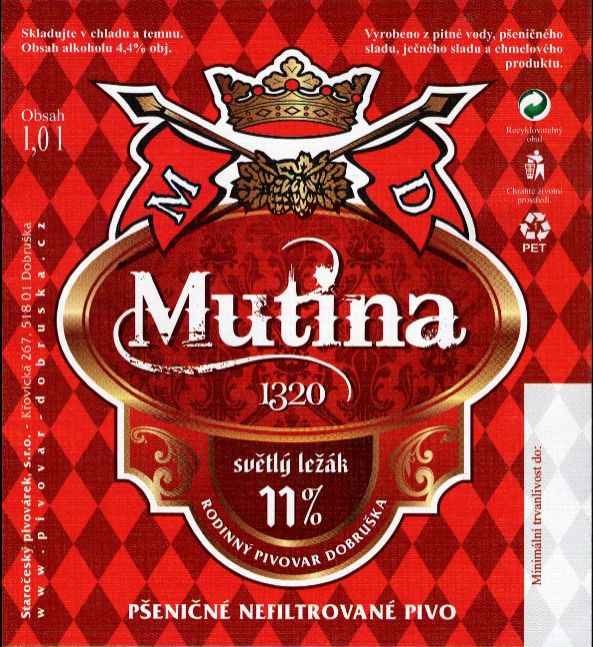 Mutina 11% PŠENIČNÉ NEFILTROVANÉ PIVO (1,0L) (Dobruška) (E)