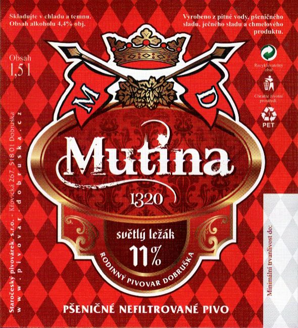 Mutina 11% PŠENIČNÉ NEFILTROVANÉ PIVO (1,5L) (Dobruška) (E)