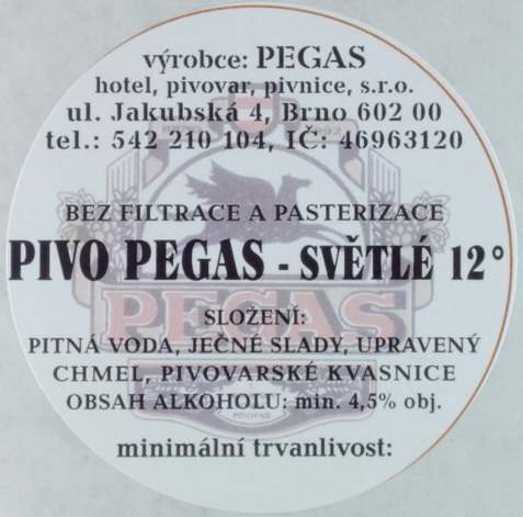 PIVO PEGAS - SVĚTLÉ 12° (sudovka) (Pegas-Brno) (S)