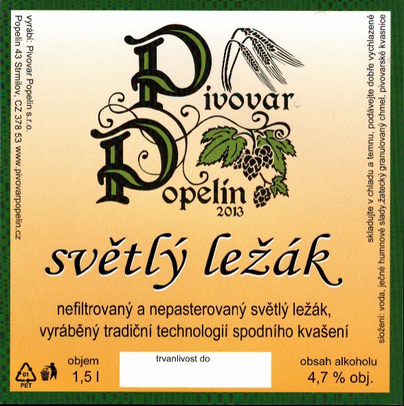 Pivovar Popelín 2013 světlý ležák