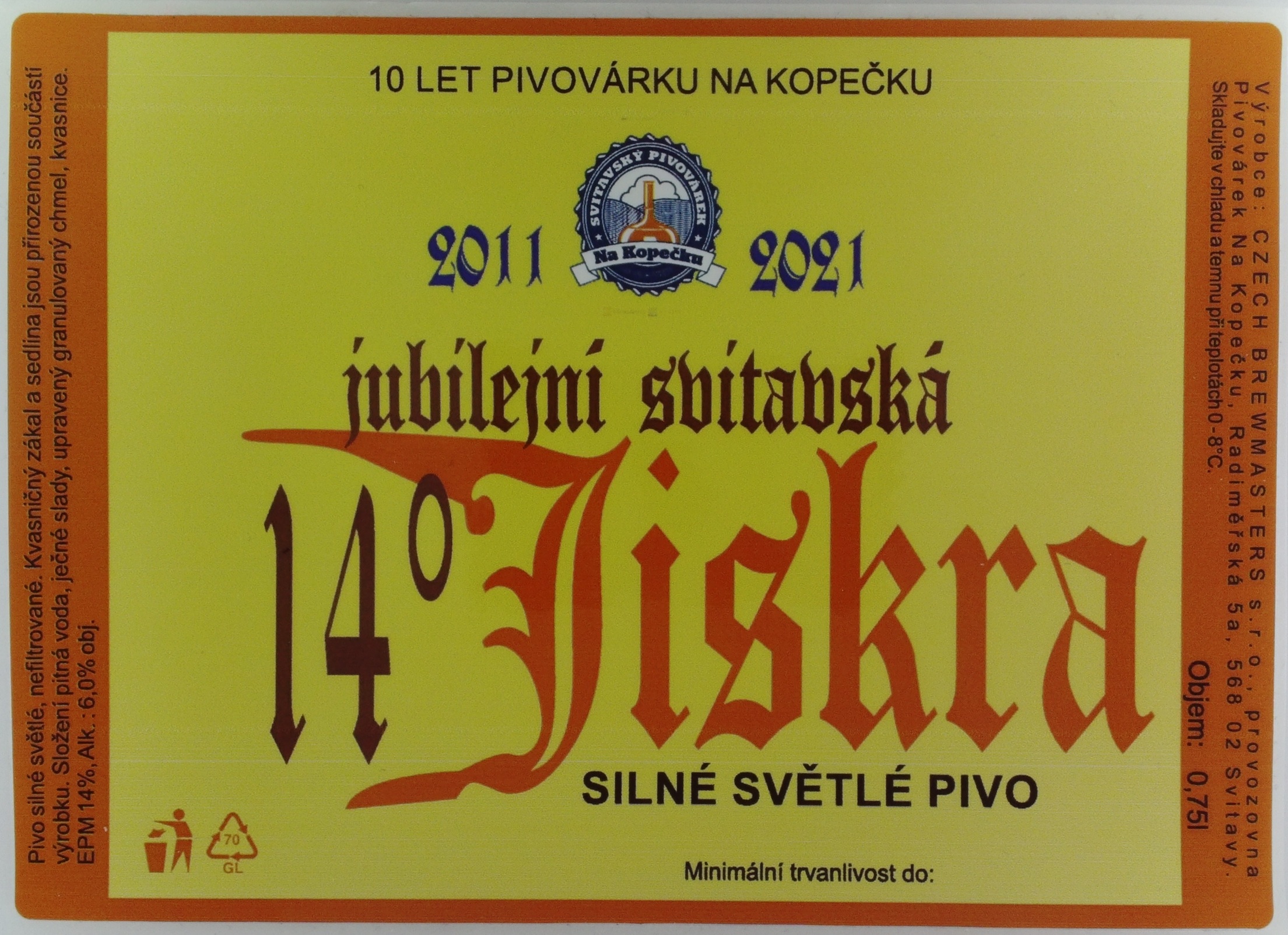 SVITAVY Svitavský Pivovárek na Kopečku jubilejní svitavsská 14° Jiskra (0,75L) (S)