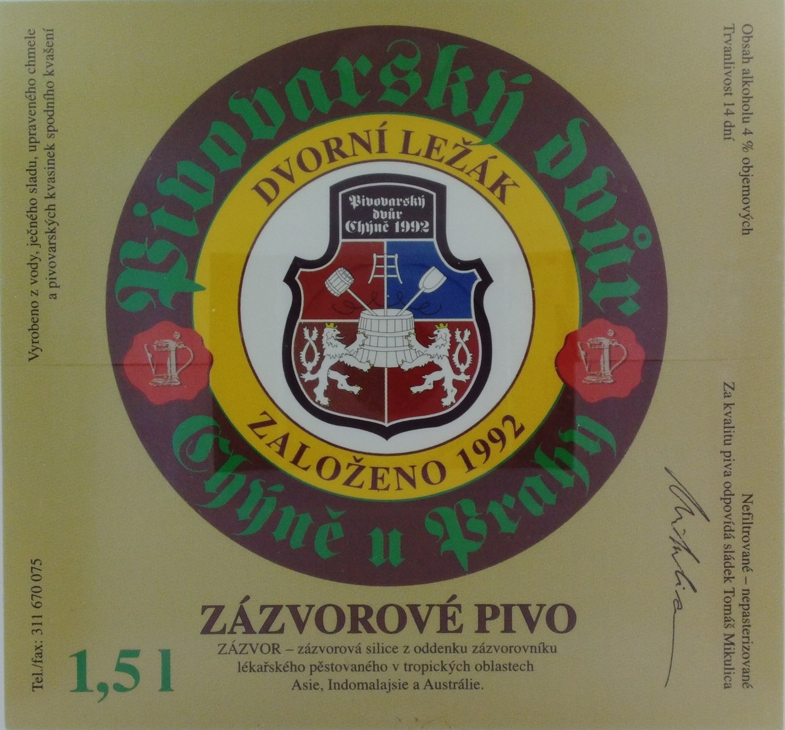 DVORNÍ LEŽÁK ZÁZVOROVÉ PIVO (Chýně) (S) č.1