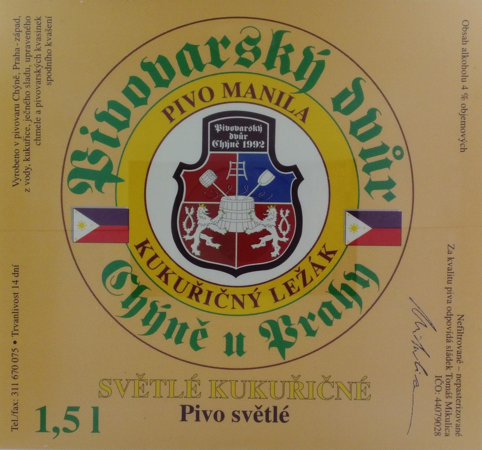 PIVO MANILA SVĚTLÉ KUKUŘIČNÉ Pivo světlé (Chýně) (S)