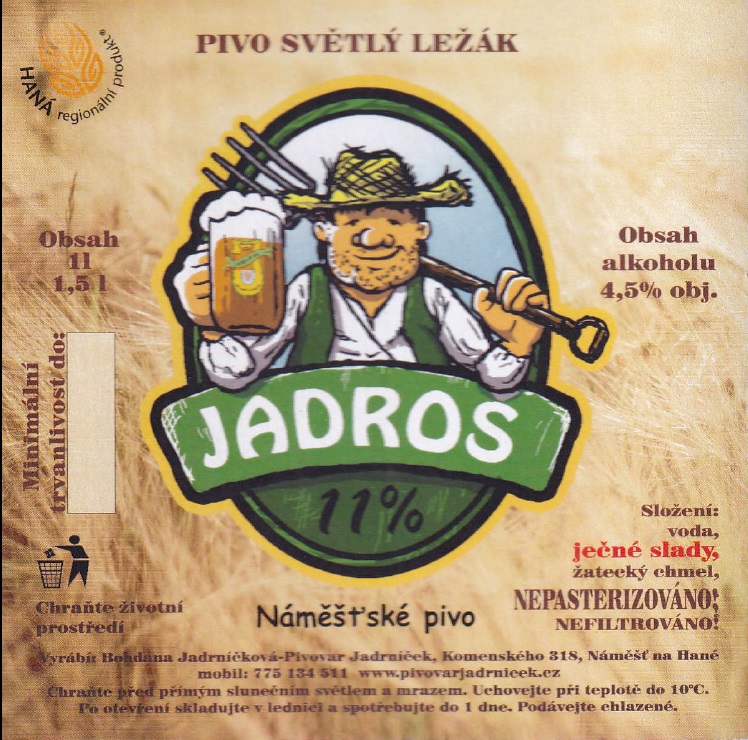 JADROŠ 11% PIVO SVĚTLÝ LEŽÁK Náměšťské pivo (1,5L) (Náměšť na Hané Jadrníček) (S)