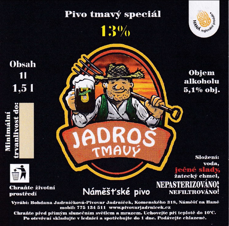 JADROŠ TMAVÝ Pivo tmavý speciál 13% Náměšťské pivo (1,5L) (Náměšť na Hané Jadrníček) (S)