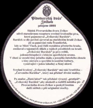 ZVÍKOVSKÝ RARÁŠEK Pivovarský dvůr Zvíkov založeno 1992 (PTMP-S-ab) 