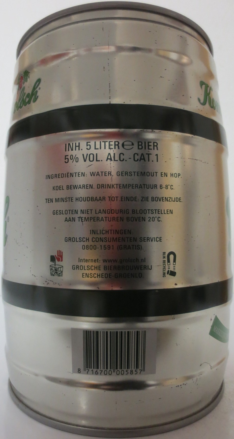 Grolsch PREMIUM PILSNER 5 liter fust (5L) Nr.1 