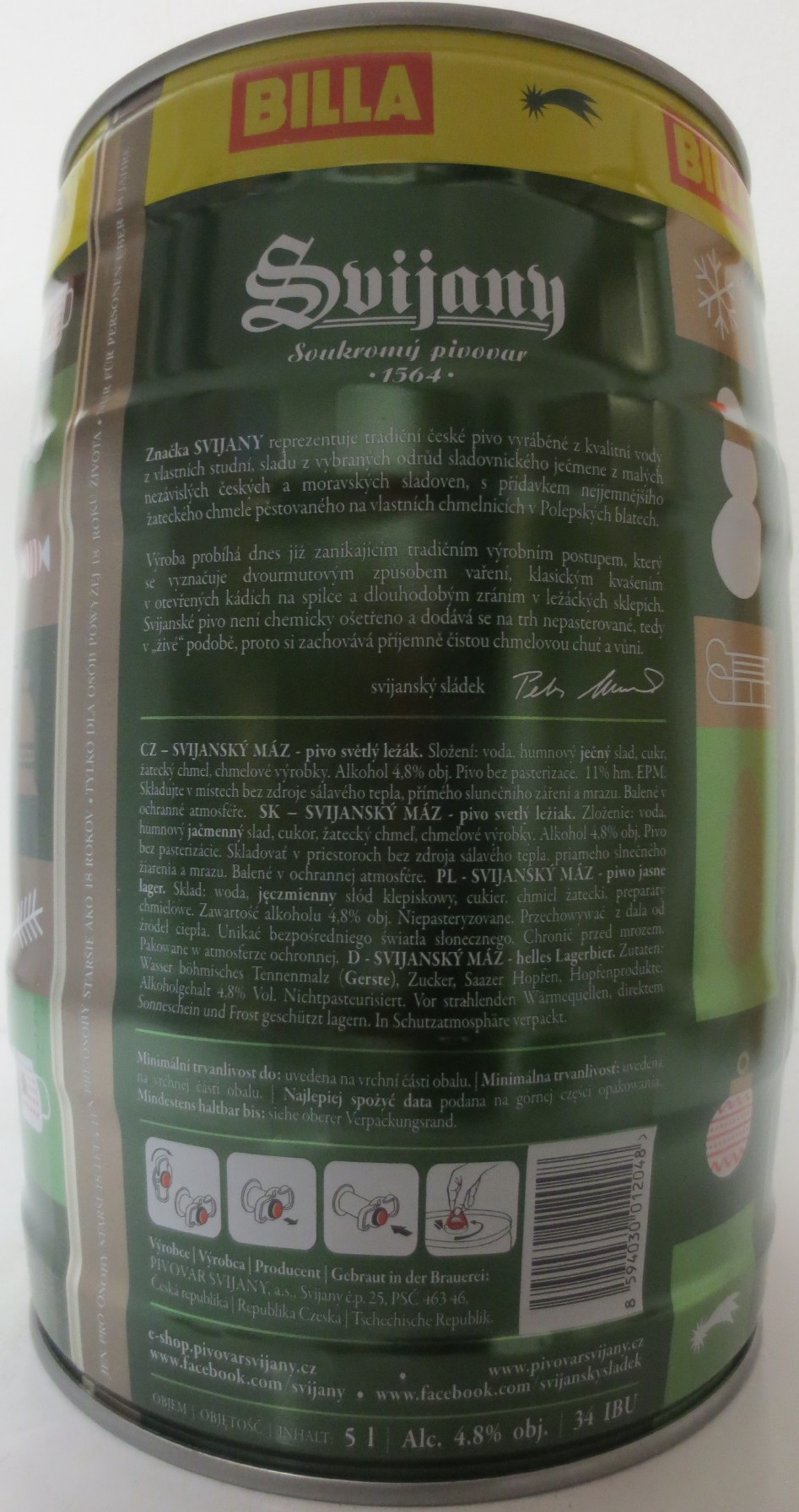Svijany SVIJANSKÝ MÁZ - Světlý ležák .1564. Šťastné, veselé a Svijanské! - BILLA (5L) č.1